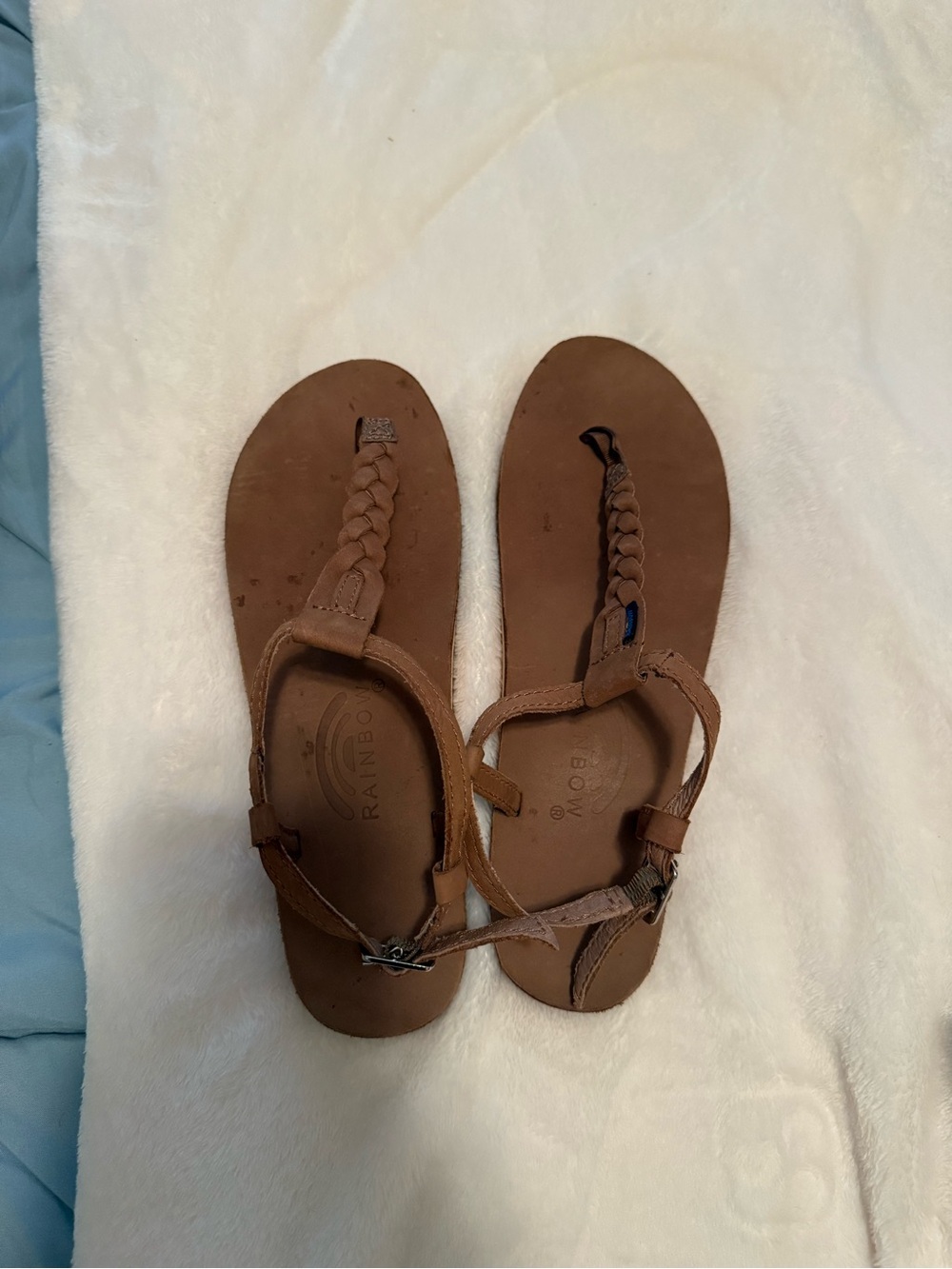 Rainbow Brown Braided Leather T-Strap Sandals for Women